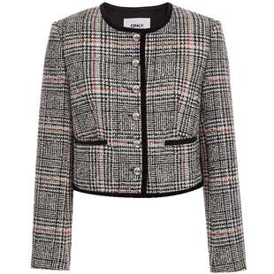 ONLY2026春季新款经典复古粗呢千鸟格图案显瘦正肩短款外套女