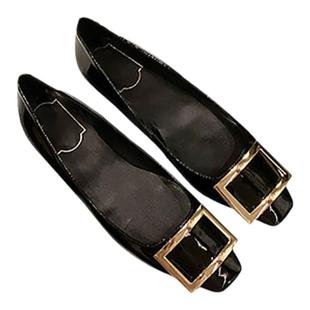 RV&SW2025年春秋新款漆皮方扣粗跟高跟鞋婚鞋方头中跟职业单鞋女