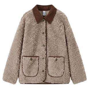 森马外套女冬仿兔毛拼接灯芯绒翻领宽松落肩上衣气质复古潮流夹克