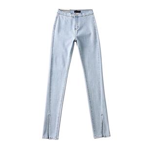 欧美风 性感修身显瘦高腰裤脚侧开叉牛仔裤女设计感微喇裤显腿长