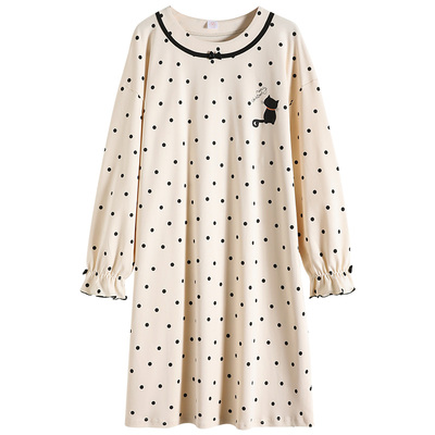 耶蒂针织纯棉春秋长袖女睡裙甜美