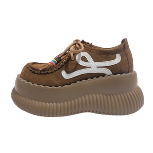 真皮~骄屿厚底小皮鞋2025春夏新款增高大头松糕鞋学院风系带单鞋