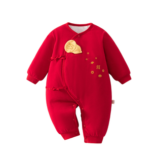 新生婴儿衣服冬装夹棉连体衣初生满月宝宝拜年服红色喜庆保暖棉服