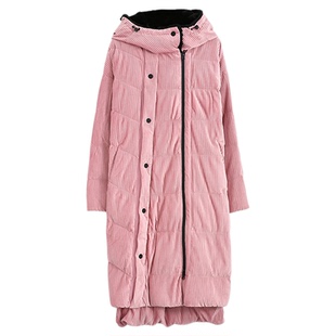 AUM噢姆冬季质感灯芯绒撞色双门襟连帽中长款羽绒服