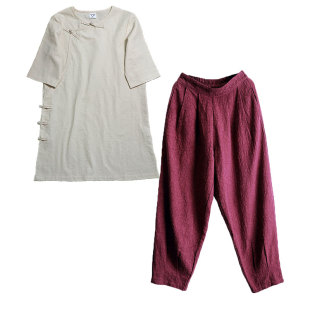 唐装禅服女士茶服棉麻女新中式太极服盘扣女装遮肚子遮胯宽上衣