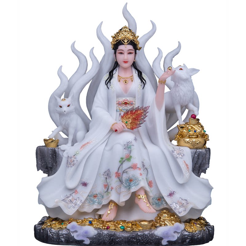 九尾娘娘凤九白狐天狐狐狸真身神像桌面汉白玉供奉摆件
