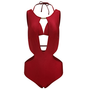 程潇同款泳衣女连体显瘦2023新款小胸聚拢夏沙滩度假泡温泉酒红色