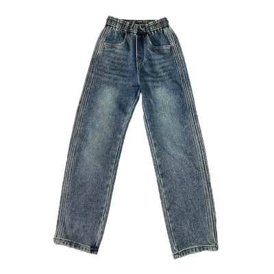 冬季加绒重磅条纹拼色直筒长裤