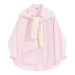 班尼路S&K系列撞色披肩粉色长袖衬衫女春夏新款宽松休闲衬衣外套N