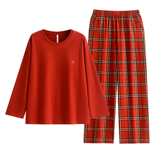 悦内带胸垫睡衣女款春秋季纯棉长袖套头圆领大码家居服红色本命年