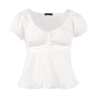 BM夏季短袖上衣女木耳边雪纺纱低领短款T薄款内搭淑女法式小众