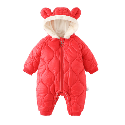 宝宝红色连体衣夹棉加厚连帽