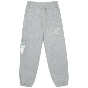 GUUKA潮牌花灰色美式复古束脚卫裤男 北极熊刺绣口袋加绒加厚裤子