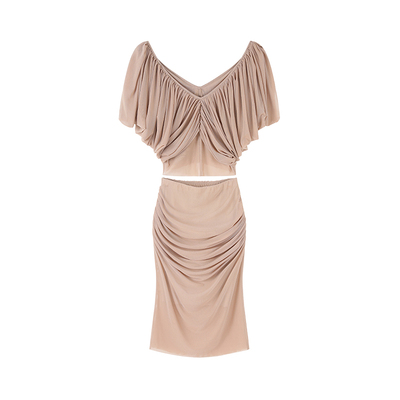 F PROJECT【半香缇卡】富家千金套装褶皱V领短袖上衣+半裙两件套