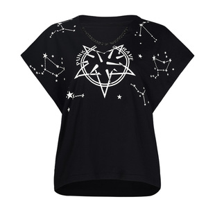 朋克黑色t恤女短袖V领宽松个性ins夏季设计感夏装上衣印花宽松T恤