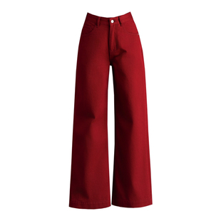 安可拉红色裤子牛仔裤女2026新款春秋季高腰宽松直筒裤休闲阔腿裤