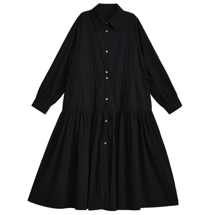 黑色宽松长袖连衣裙长裙女春秋长款收腰大摆衬衫裙遮肉显瘦娃娃裙