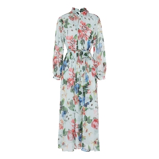 马天奴春夏新款女白色印花长袖连衣裙子系带收腰长裙度假气质时尚