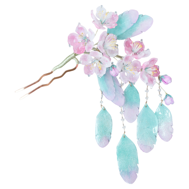 驚羽 熱縮花簪u型盤發(fā)發(fā)簪漢服古風(fēng)花釵流蘇簪子國(guó)風(fēng)旗袍步搖粉綠