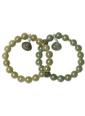 天然和田玉青黄口料圆珠搭配小弥勒佛坠子原创款手链女款玉石手串