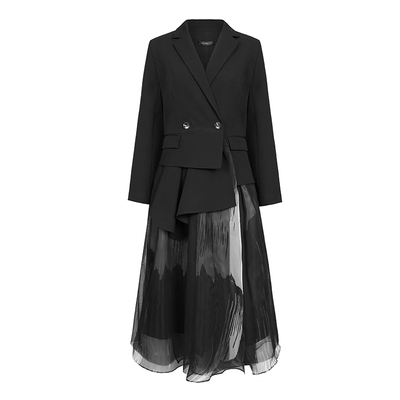 sdeer西装领晕染网纱拼接风衣