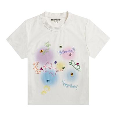 手缝立体星钻白色联名款短款T恤