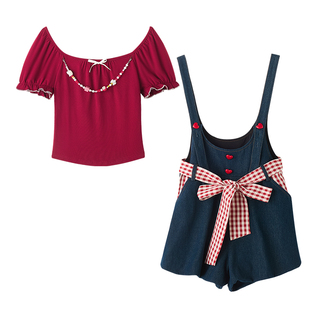 织物猪 红莓杏语 甜美少女风牛仔蓝连体裤女夏可爱减龄背带裤短裤