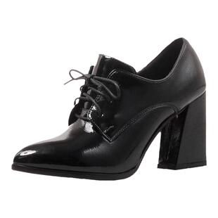 春秋新款粗跟单鞋女高跟鞋尖头英伦风漆皮系带深口女鞋工作小皮鞋