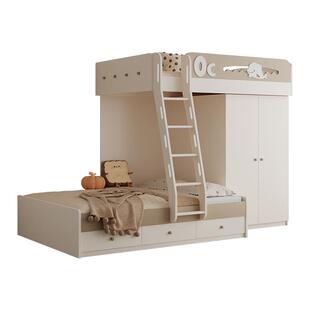 上下错位床书桌一体儿童床高低子母错位型小户型实木奶油风双层床