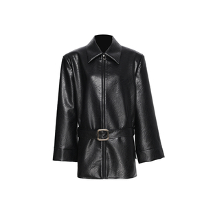 APOZi collection/镜水浮金/秋冬中长款垫肩皮衣pu皮夹克上衣外套