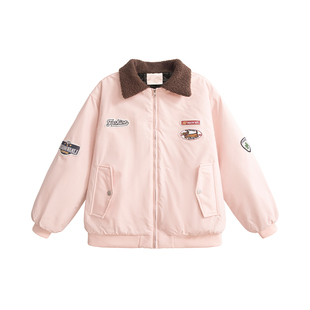 UNIFREE粉色摇粒绒棉服冬季保暖防风翻领飞行服长袖轻便夹克外套
