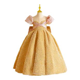 女童生日礼服女孩亮片金色长款公主裙高端儿童主持人走秀演出服装