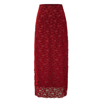 BCBG 春秋 优雅老钱令仪气质中长款立体绒面开衩蕾丝直筒半身裙