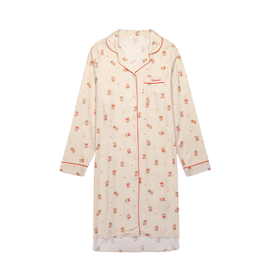 tutuanna春秋睡衣女 透气人棉熊满印长袖睡裙舒适女士新款家居服