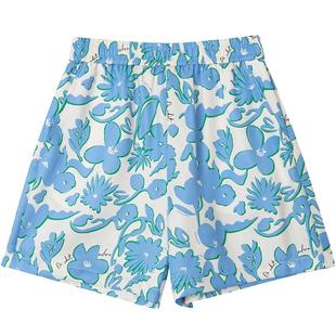 URLAZH有兰夏季新款复古宽松直筒时尚印花蓝色海边度假休闲短裤女