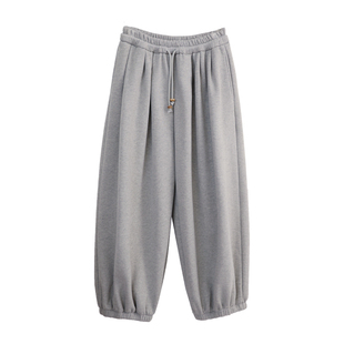 花吉L050灰色串珠系带加绒卫衣灯笼裤女2026新款秋冬宽松束脚裤