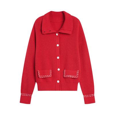 ELLE绵羊毛立领短款针织开衫女