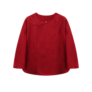 如意连云【晓蝶】缎面提花七分袖衬衫女新中式国风玉石珠扣上衣