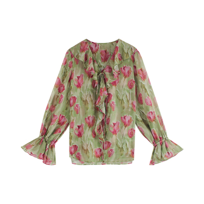 伊纳芙法式薄款印花长袖衬衫