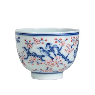 景德镇官方陶瓷中式手绘柴窑青花釉里红月月喜禅定杯主人杯茶具