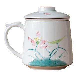 白瓷手绘荷花水杯泡茶杯茶水分离陶瓷办公室杯子带把过滤马克杯女