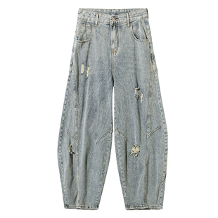 美式破洞弯刀牛仔裤男款春秋2026新款街头青少年休闲宽松水洗长裤