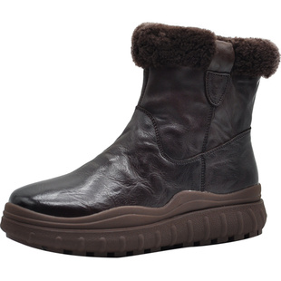 Artmu阿木手抓牛皮厚底雪地靴女款2025新款冬季加绒加厚棉靴保暖