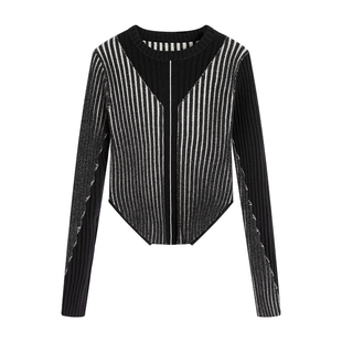 【商场同款】X--MOOM冬季新款浮雕坑条套头圆领显瘦针织上衣女