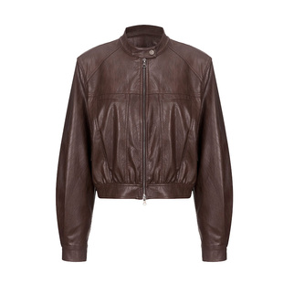 [明星同款]RAIVE2026春季立领短款宽松通勤复古棕黑色素皮短外套