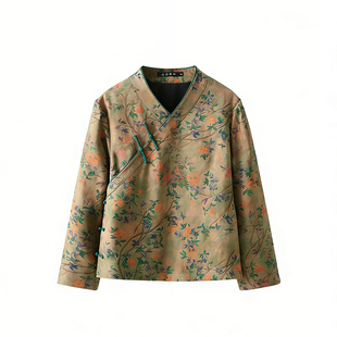真丝提花绢纺香云纱上衣女桑蚕丝中式长袖外套加里衬复古V领显瘦