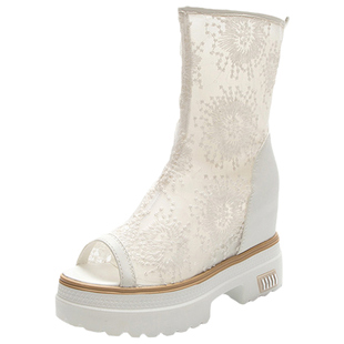 网鞋女厚底网面靴子网纱刺绣短靴夏天内增高10cm凉靴小个子长靴潮