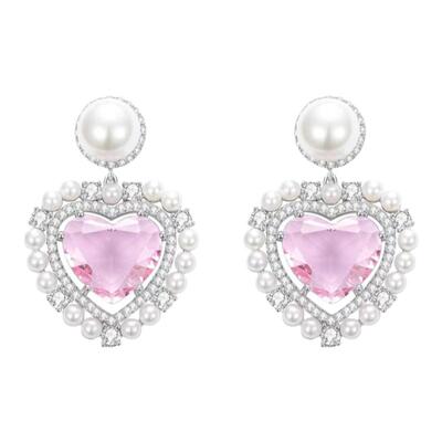 网红粉色黄色爱心珍珠锆石耳环