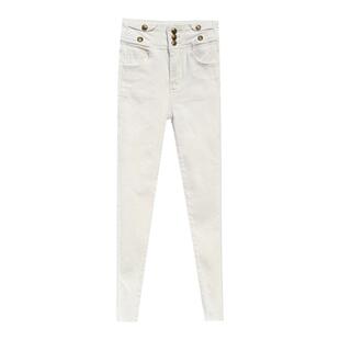 设计感加绒杏色牛仔裤女2025冬季三粒扣高腰薄绒显瘦紧身小脚裤子