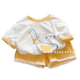 儿童纯棉套装夏季薄款男女童宝宝洋气宽松短袖短裤卡通运动两件套